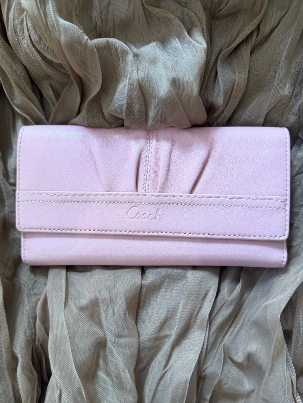 Coach Light Pink Leather Fold-Over Wallet with Pleated Detail